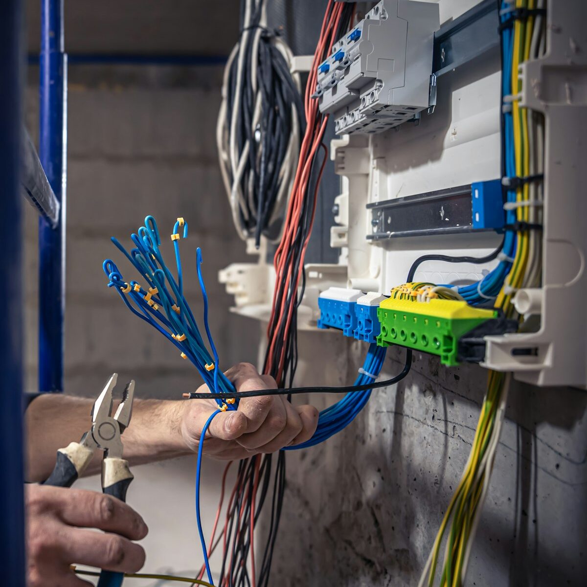 A male electrician works in a switchboard with an electrical connecting cable.